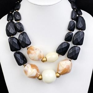 PONO Joan Goodman Italy Necklace Chunky Round Resin Beads Cream Black Gold Tone